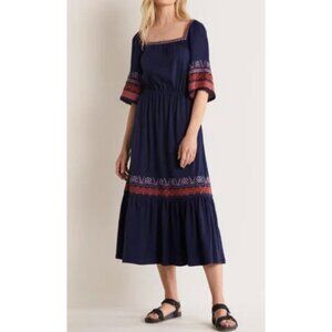 Boden Women's Embroidered Midi Jersey Dress Navy Blue Size US 10 [jb]